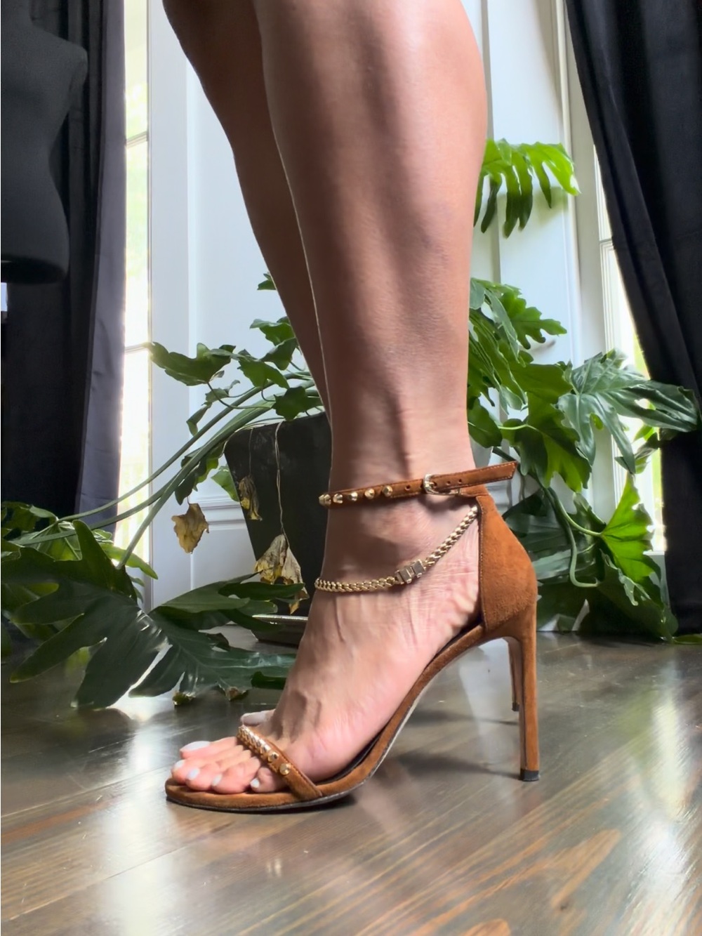 Stuart Weitzman Brown Suede stud -Trim Ankle Strap Stiletto